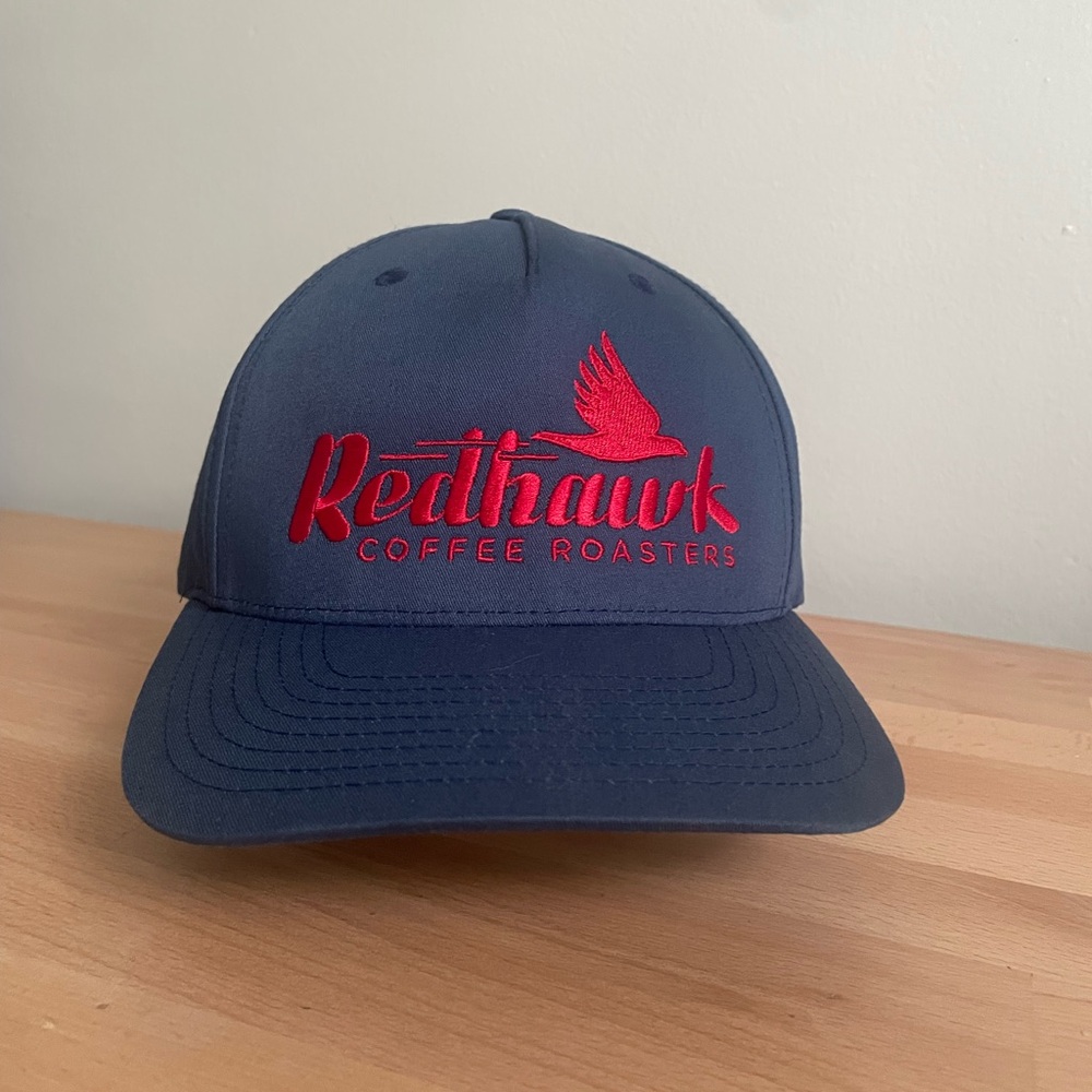 Navy Blue Baseball Hat Redhawk Coffee Roasters Red Embroidered Cap Adjustable